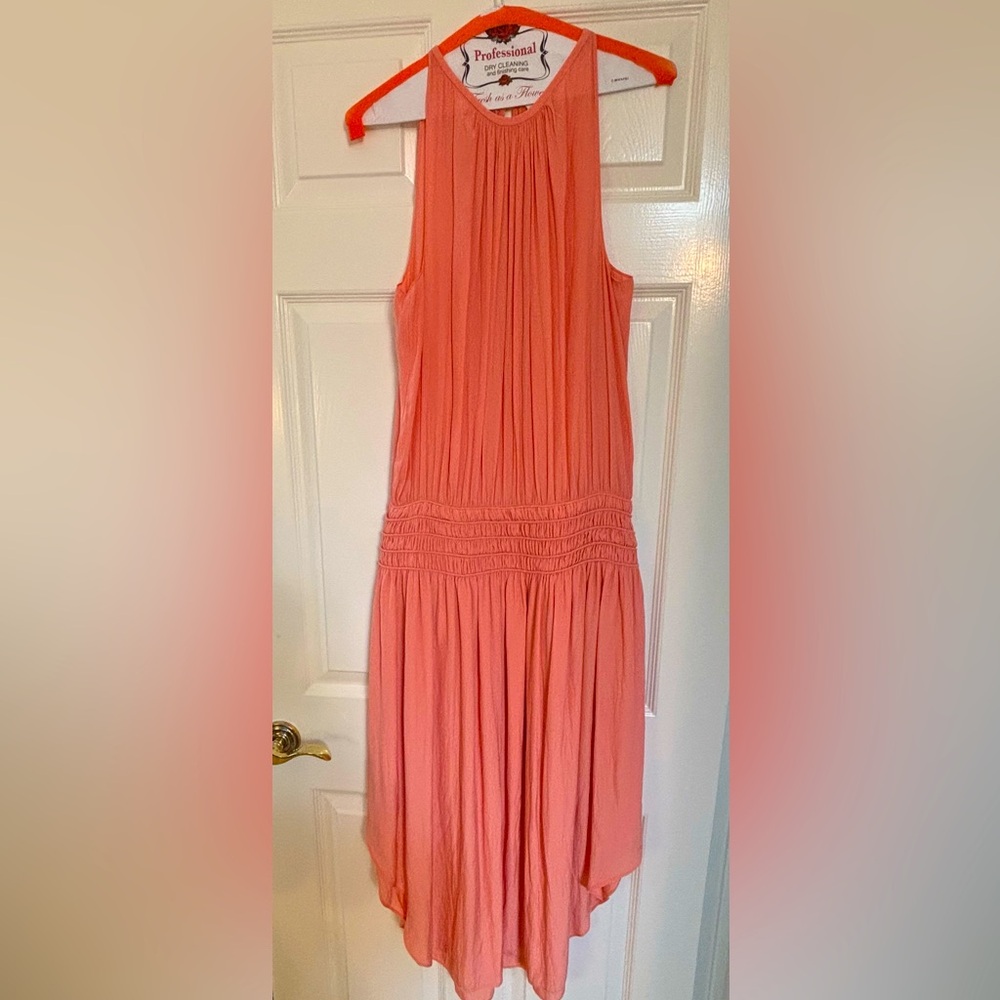 Ramy Brook-Audrey Smocked Midi Dress- Coral- Size L